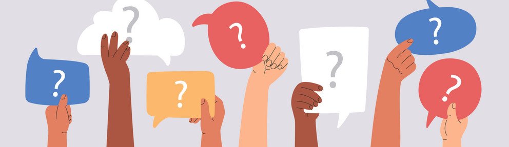 FAQ concept, diverse group of people holding speech bubbles with questions marks, human arms raising frequently asked questions, online. Modern vector illustration banner template, isolated background Viele Fragen