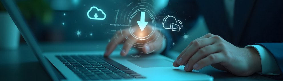 Digital workspace, holographic download icon, Businessman downloading data or documents to computer files. cloud storage technology, backup cyber security system Downlaod